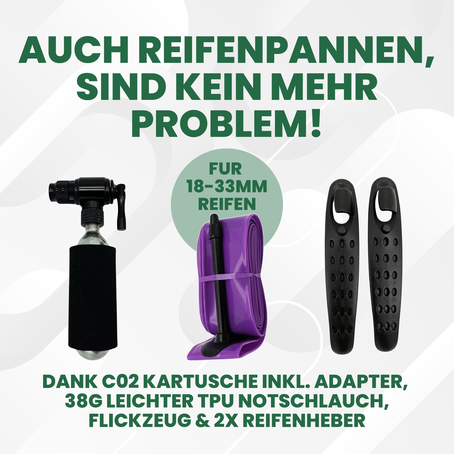 Satteltasche mit Multitool, TPU-Schlauch 18-33mm, CO2 Adapter & Kartusche, 2 Reifenhebern