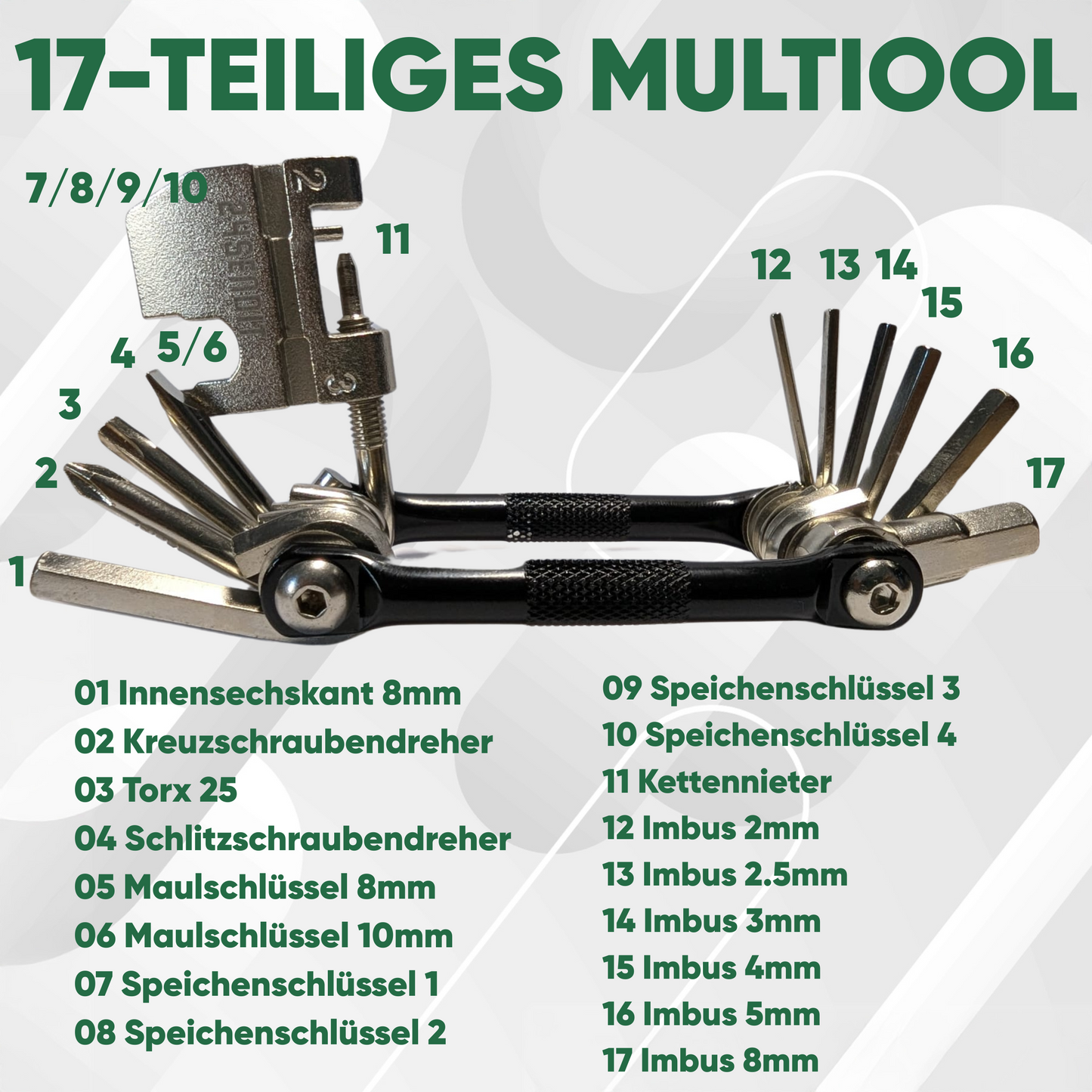 17-in-1 Multitool-Set mit Tasche & 2 Reifenhebern