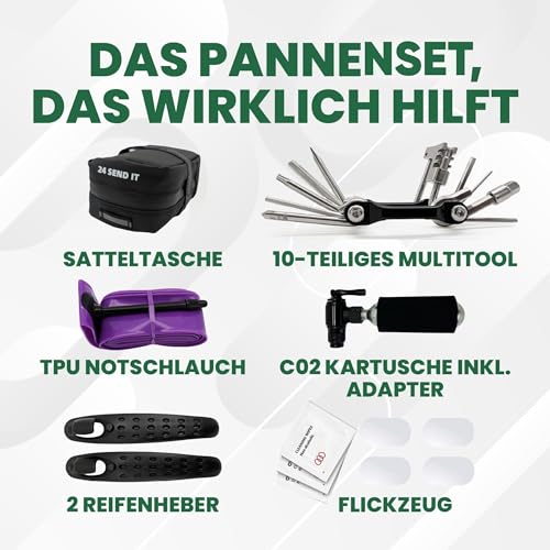 Satteltasche mit Multitool, TPU-Schlauch 18-33mm, CO2 Adapter & Kartusche, 2 Reifenhebern