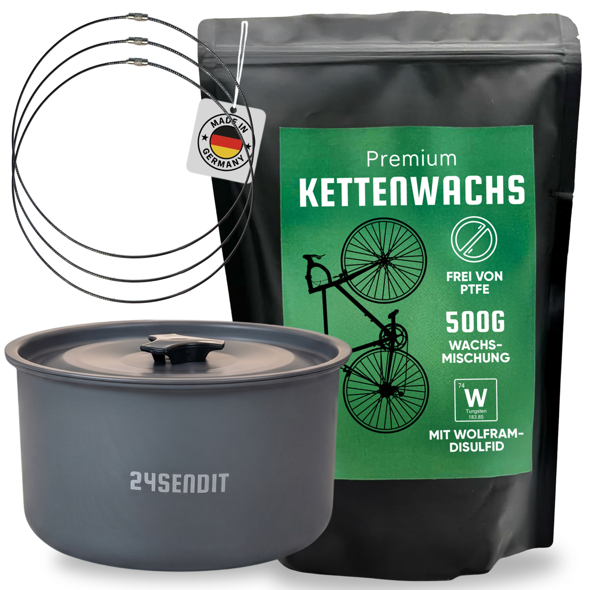 24SENDIT Kettenwachs Set - 500g Heißwachs + Aluminium Wachstopf + Wachsring - für Anfänger und Profis - für Rennrad, Gravel, MTB und E-Bike - einfache Anwendung, PTFE-frei.